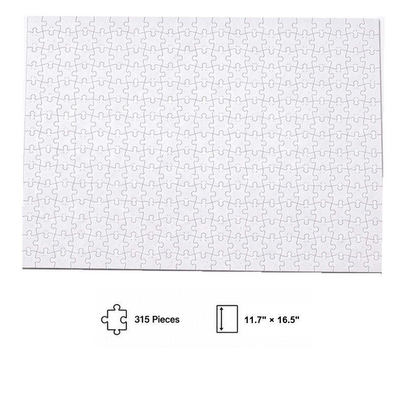 Blank 315-piece photo puzzle on white with piece count and 11.7 by 16.5 inch size
