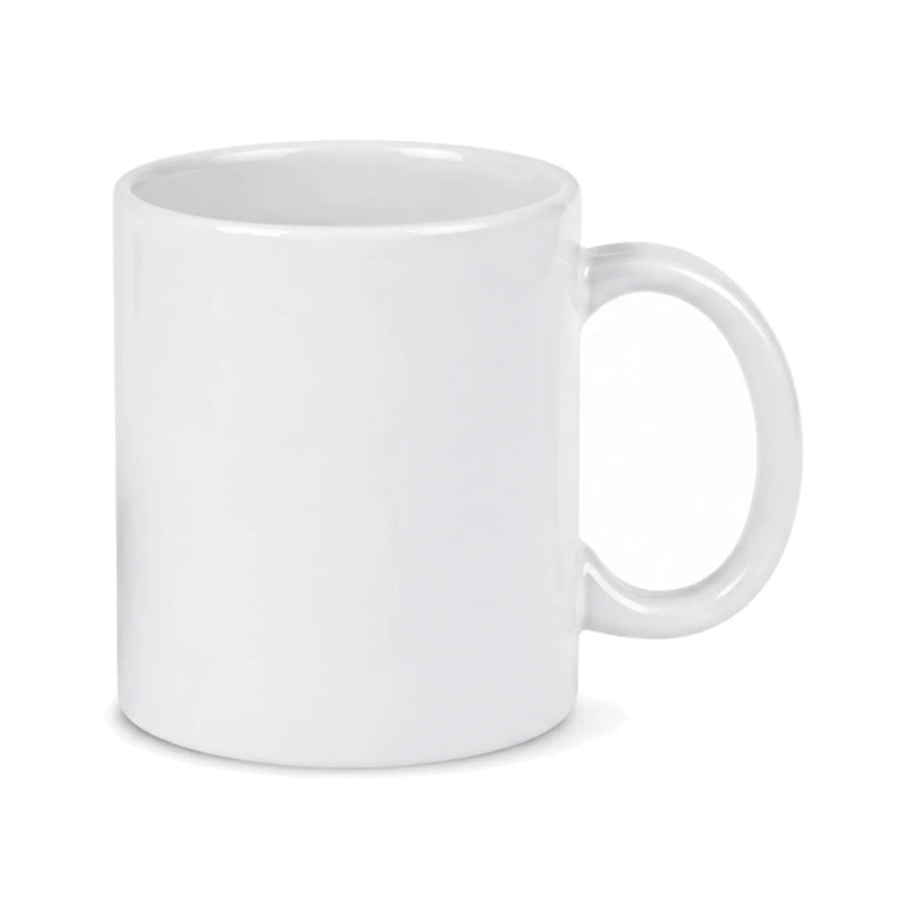 Blank custom 11 oz white ceramic mug with handle facing right