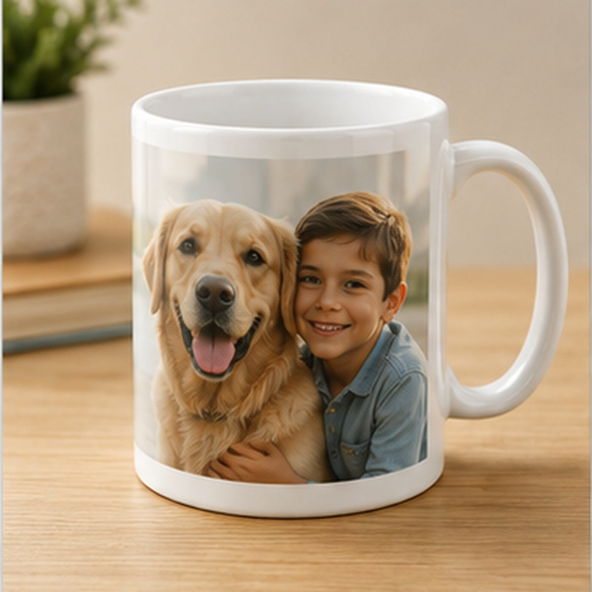 Custom 11 oz white photo mug personalized with a child and golden retriever photo