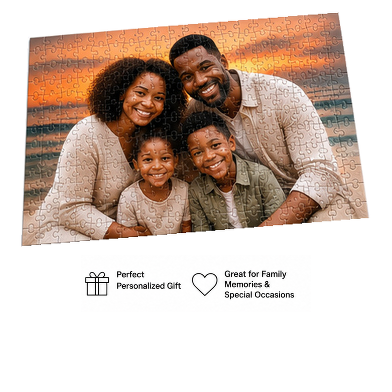 Customized family photo puzzle on white with personalized gift and family memories features