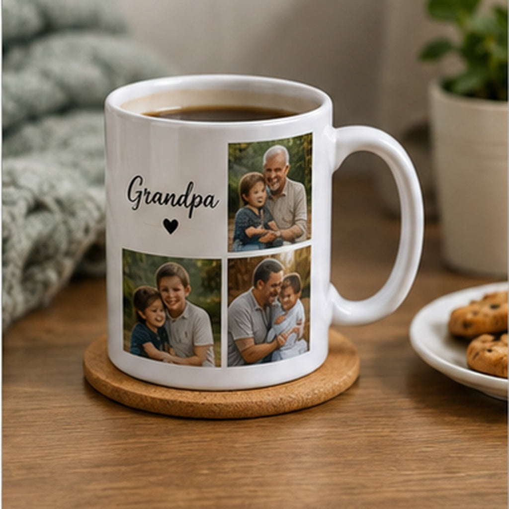 Custom 11 oz white photo mug personalized with Grandpa family photos in a cozy lifestyle setting