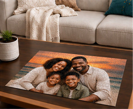 Custom family photo puzzle displayed on a coffee table