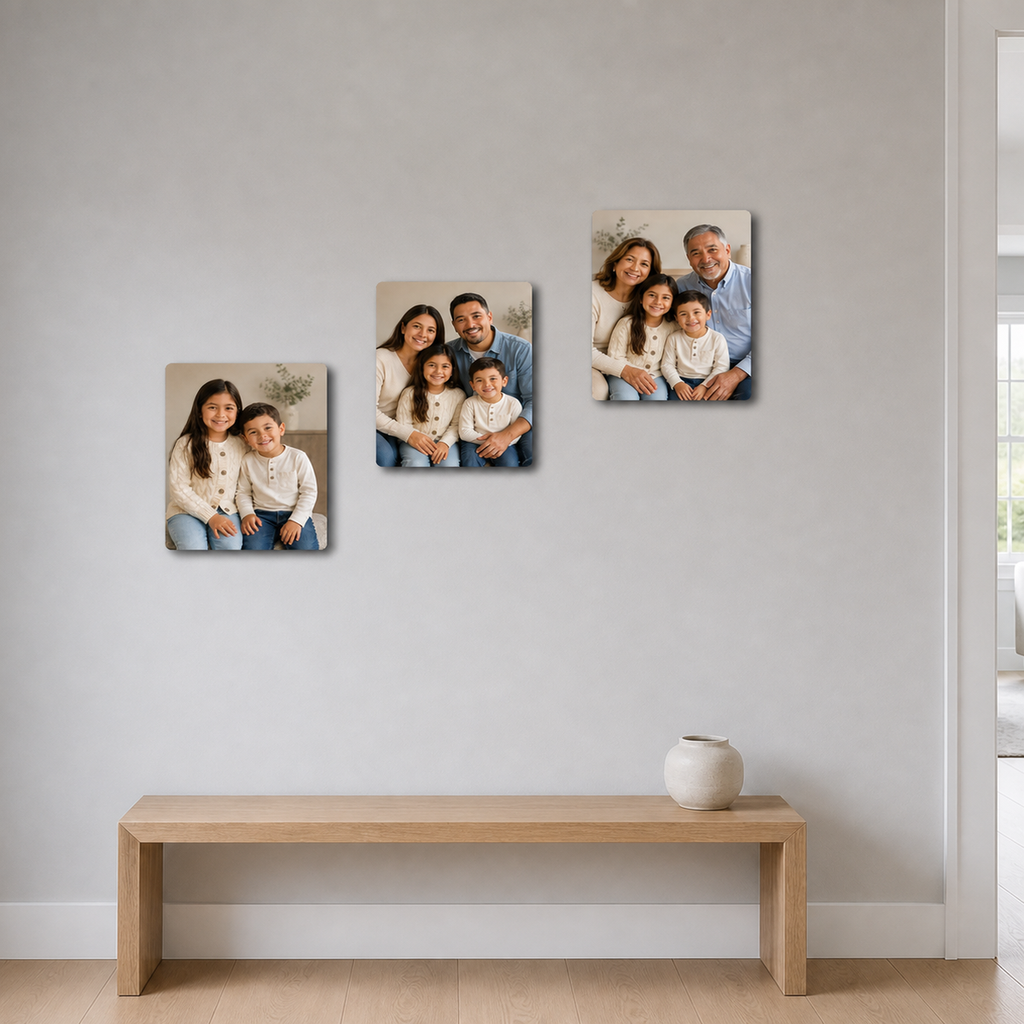Three 8 by 10 inch ChromaLuxe metal photo panels with four correctly rounded corners each