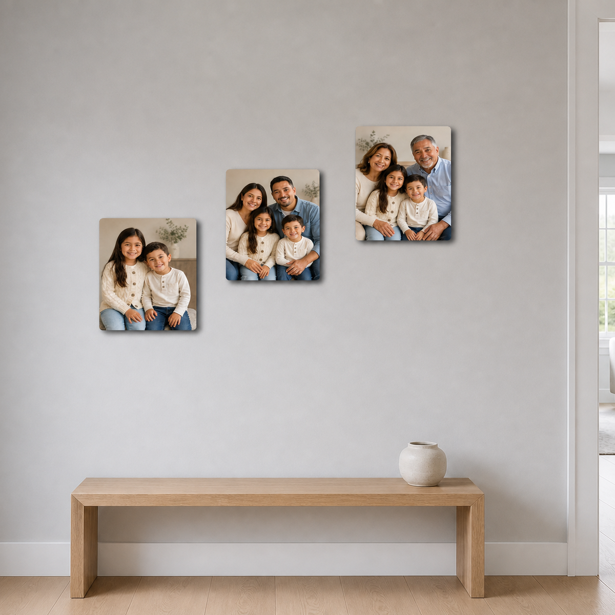 Three 8 by 10 inch ChromaLuxe metal photo panels with four correctly rounded corners each