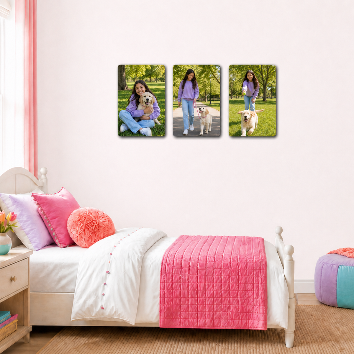 Three 8 by 12 inch ChromaLuxe metal photo panels with four correctly rounded corners each