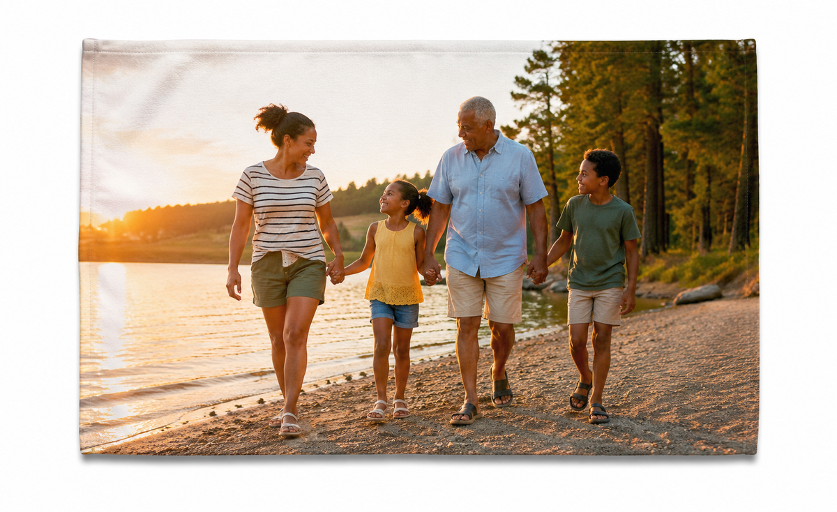 Custom 11 x 18 polyester photo towel with a landscape family memory