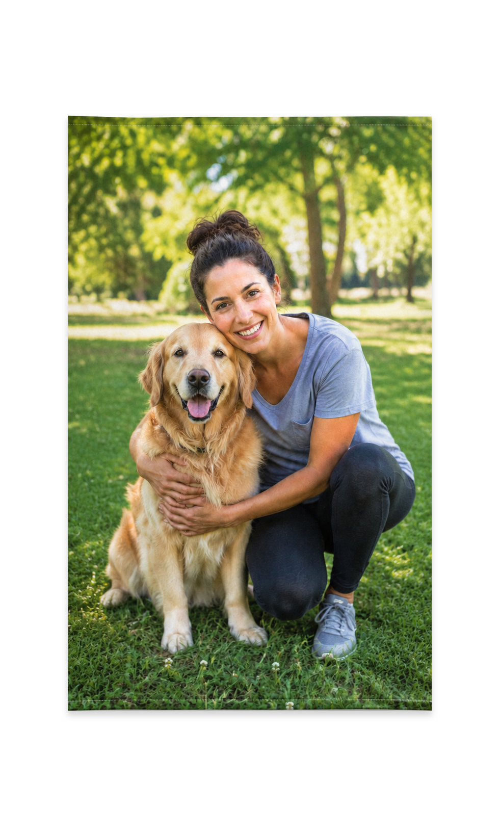 Custom 11 x 18 polyester photo towel with a portrait person and pet memory