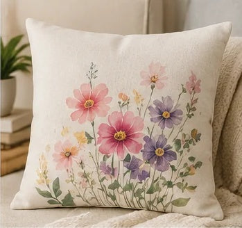 Custom natural linen photo pillow with floral design in a home setting