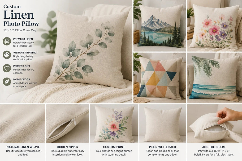 Custom 16 x 16 natural linen photo pillow features and optional insert summary