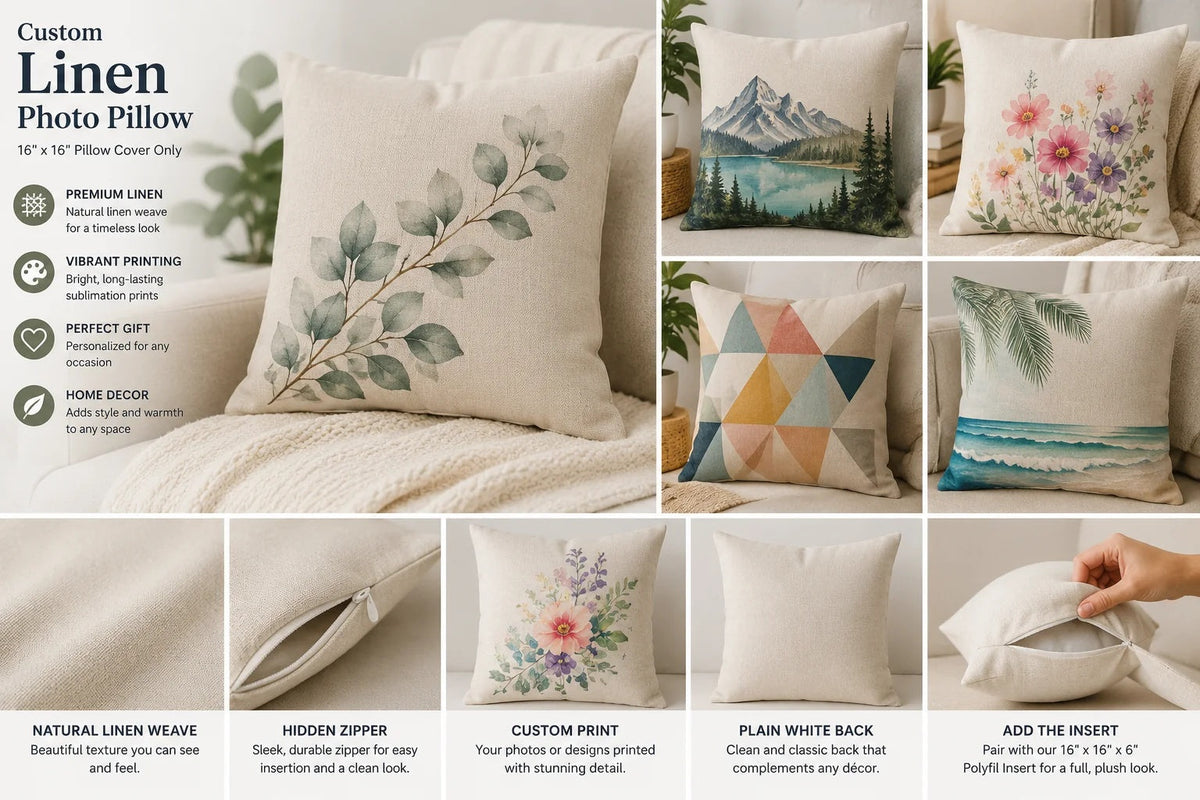 Custom 16 x 16 natural linen photo pillow features and optional insert summary