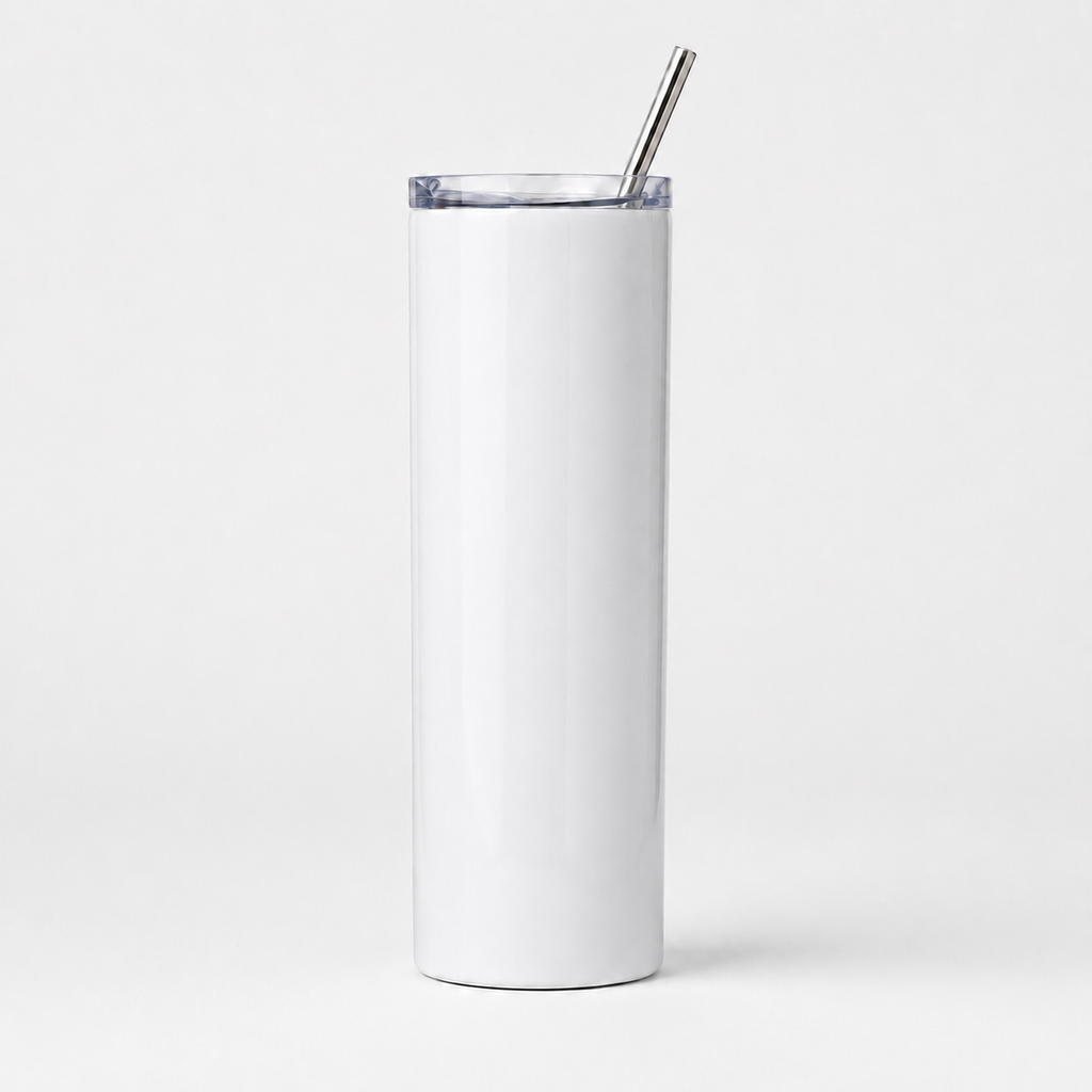 Blank custom 20 oz white photo tumbler with clear lid and stainless steel straw