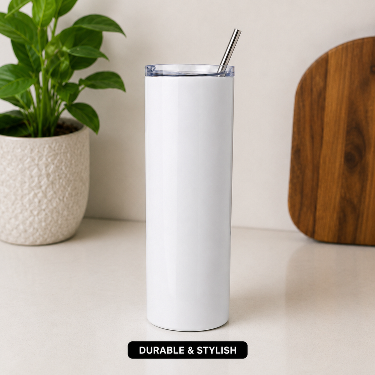 Custom 20 oz white tumbler product shot labeled durable and stylish