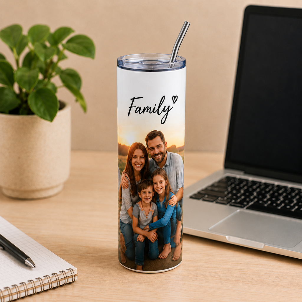 Custom 20 oz photo tumbler with family photo design