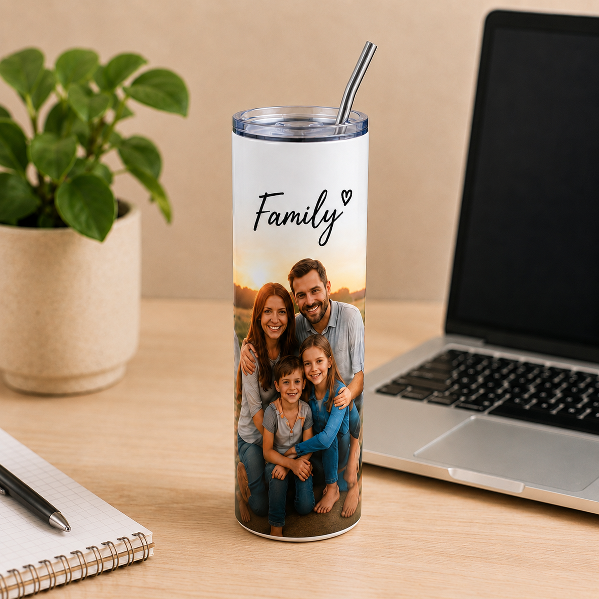 Custom 20 oz photo tumbler with family photo design