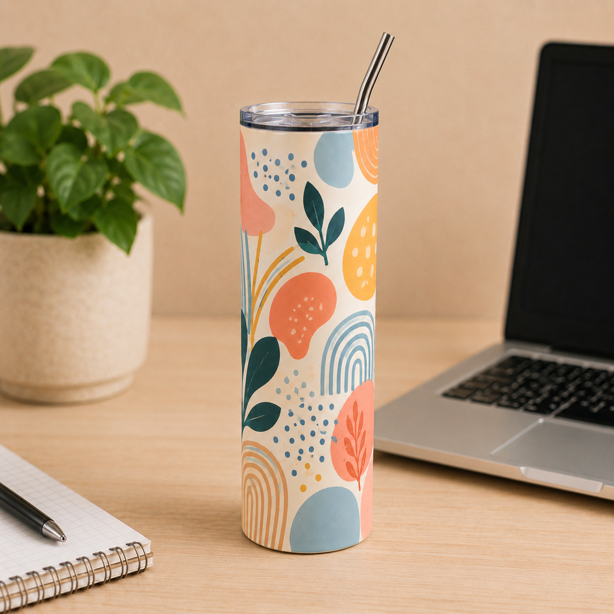 Custom 20 oz photo tumbler with colourful botanical pattern
