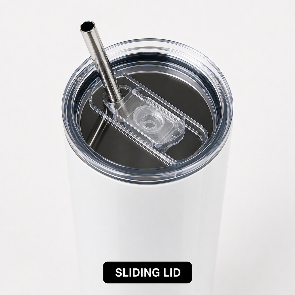Custom 20 oz tumbler sliding lid and stainless steel straw detail