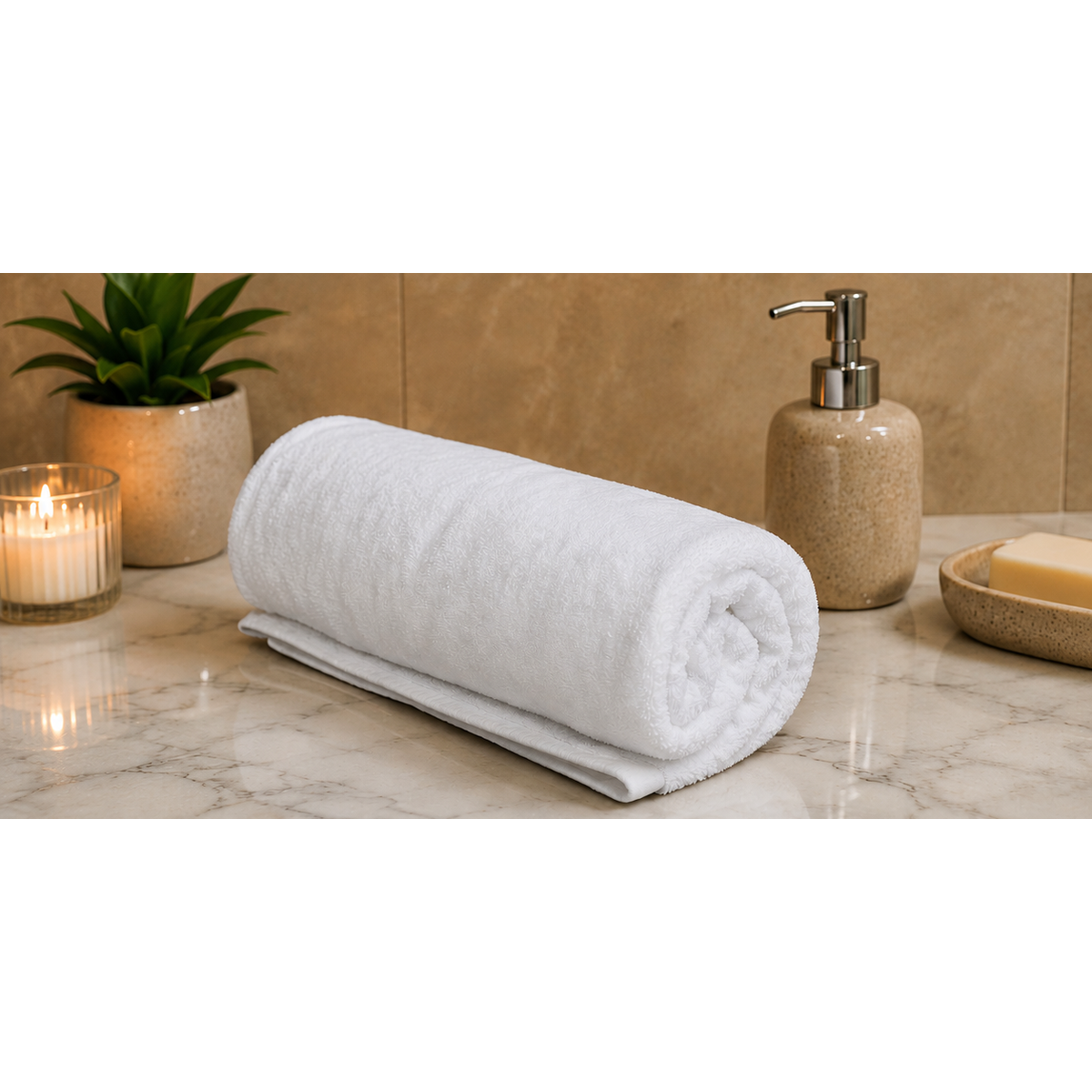 Blank white rolled 30 by 60 inch bath and beach towel in a warm spa bathroom setting
