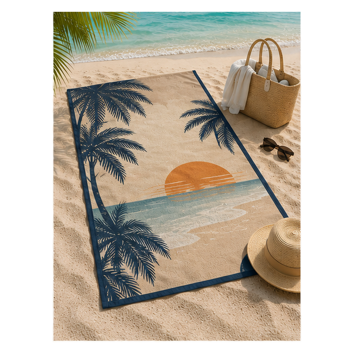 Approved custom 30 by 60 inch tropical beach towel displayed on sand by the water