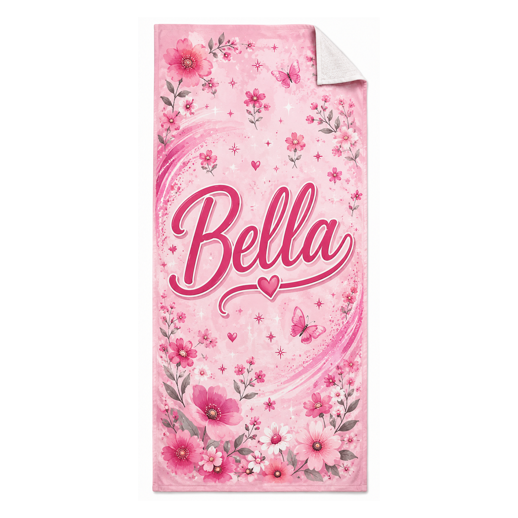 Personalized pink floral 30 by 60 inch towel with the name Bella