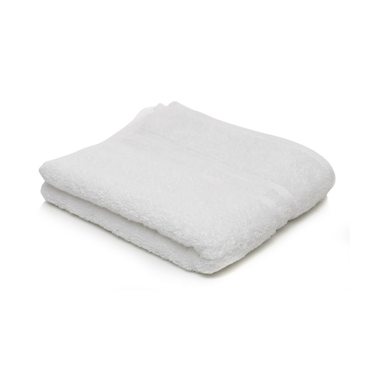 Blank white 30 by 60 inch poly cotton towel folded on a white background