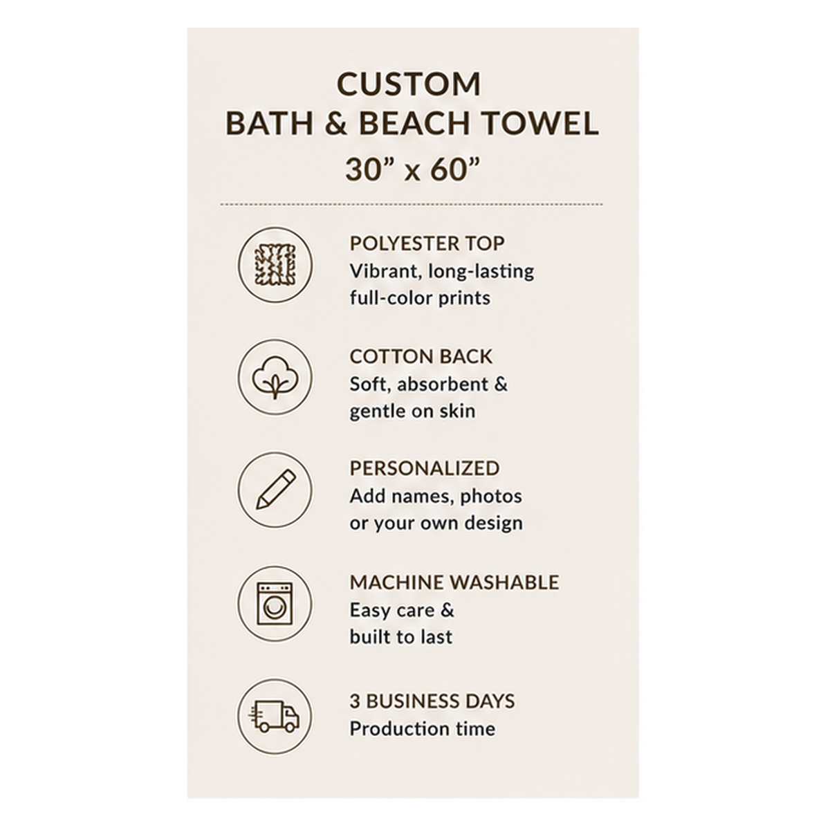Approved custom 30 by 60 inch bath and beach towel product summary with material, personalization, care and production details