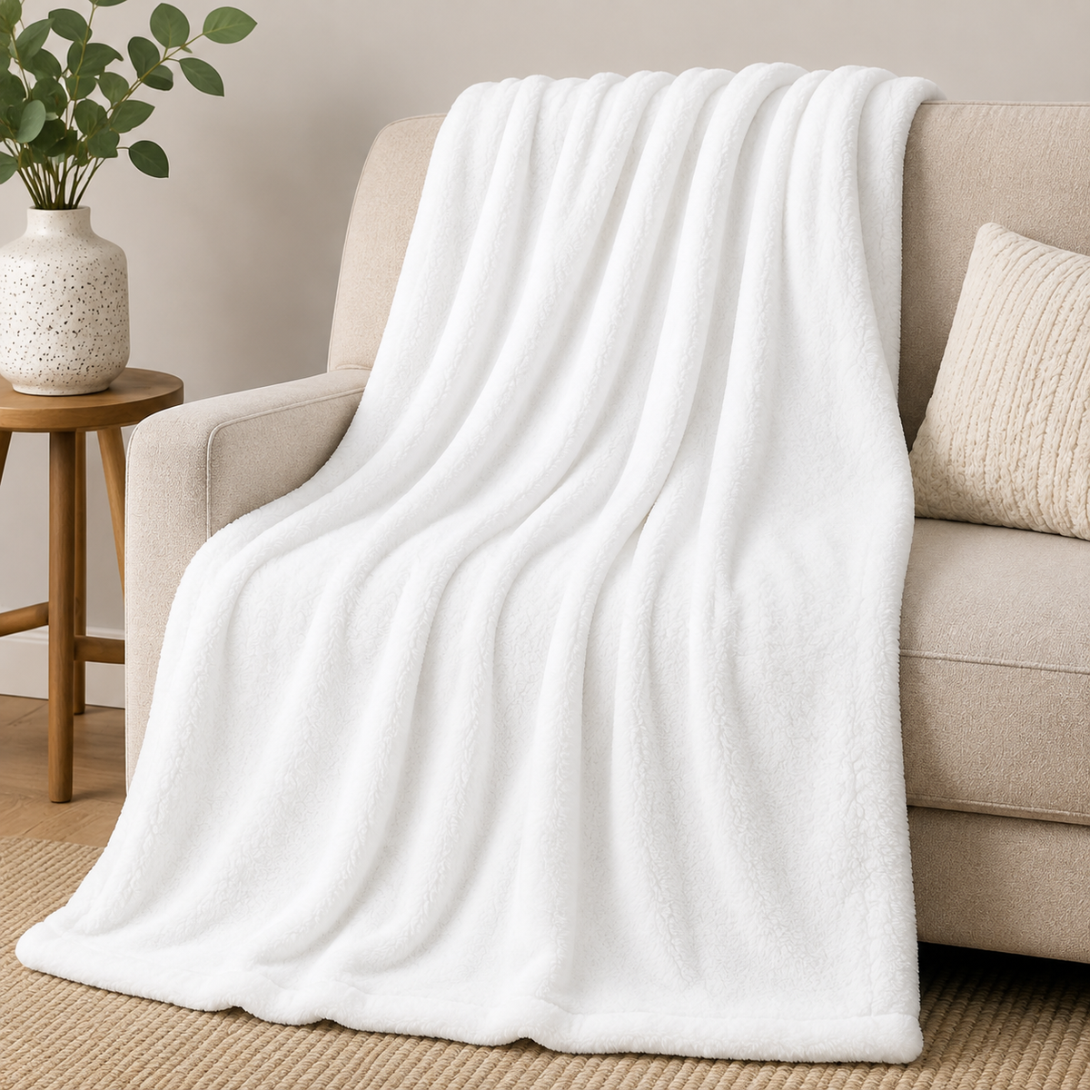 Blank white 50 by 60 inch minky-touch blanket draped over a sofa