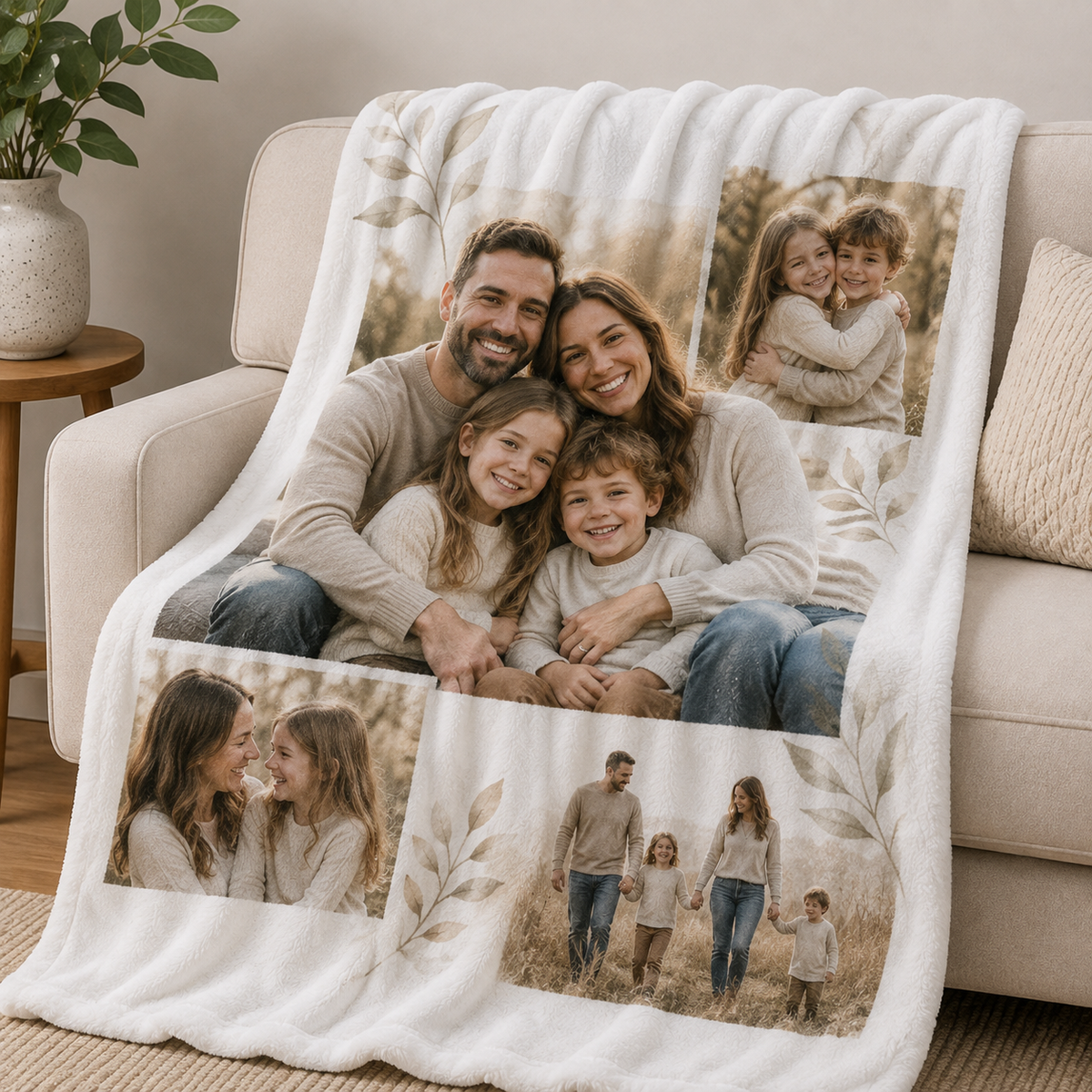 Custom white 50 by 60 inch minky-touch blanket with family photo design on a sofa