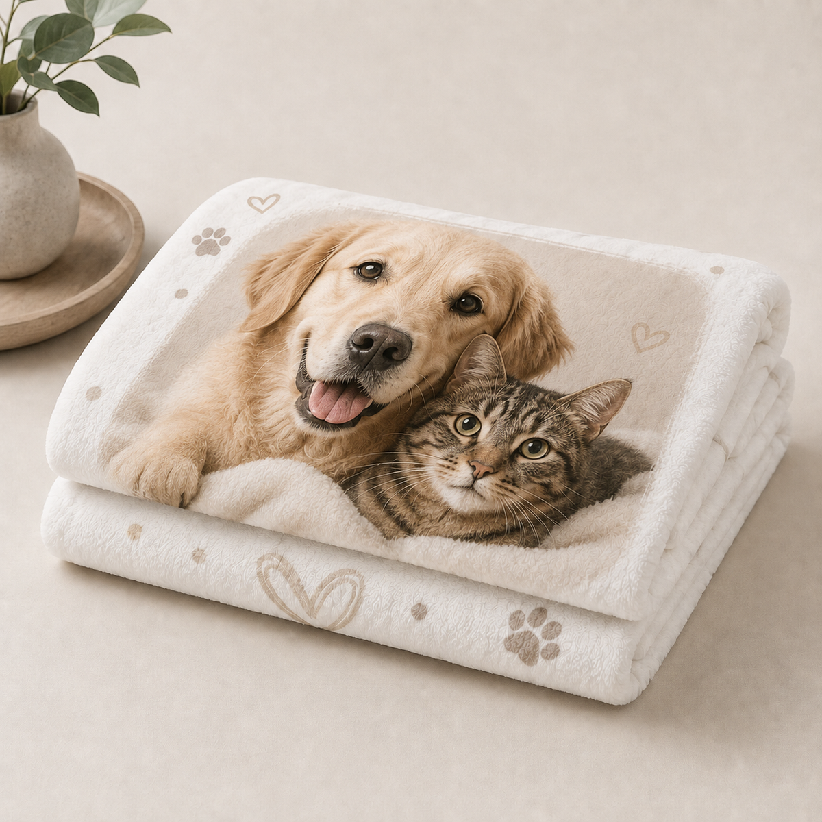 Custom white 50 by 60 inch minky-touch blanket with large dog and cat photo design