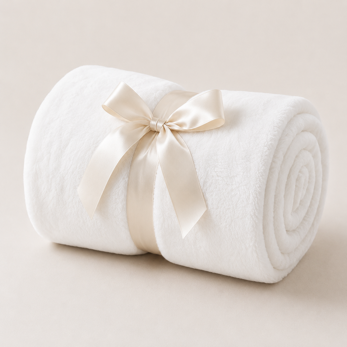 White 50 by 60 inch minky-touch blanket rolled with ribbon
