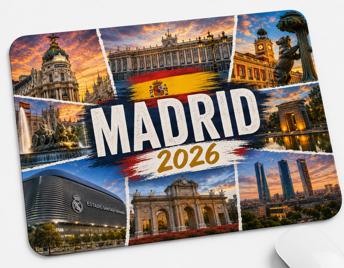 Custom 9.25 by 7.75 inch mouse pad with Madrid 2026 city collage