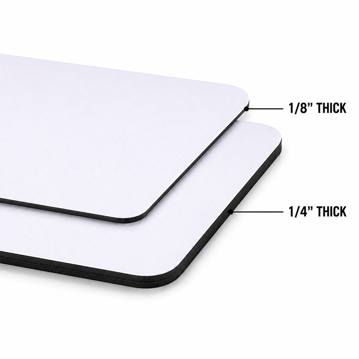 Custom mouse pad thickness comparison showing 1/8 inch and 1/4 inch options
