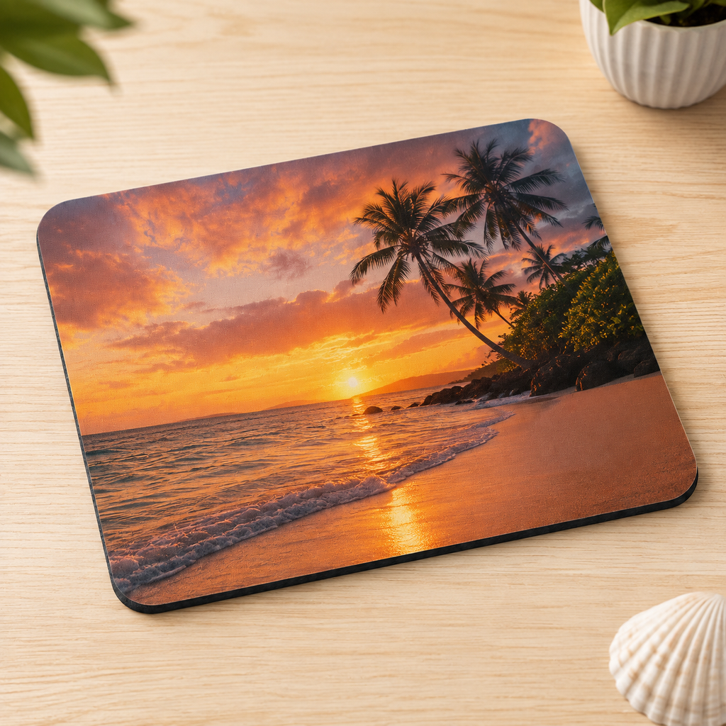 Custom 9.25 by 7.75 inch mouse pad with tropical sunset beach photo