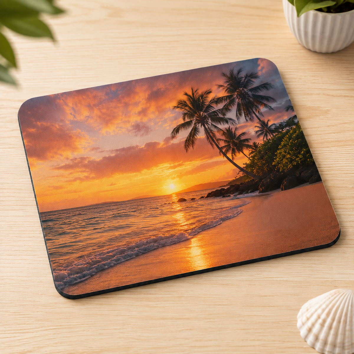 Custom 9.25 by 7.75 inch mouse pad with tropical sunset beach photo