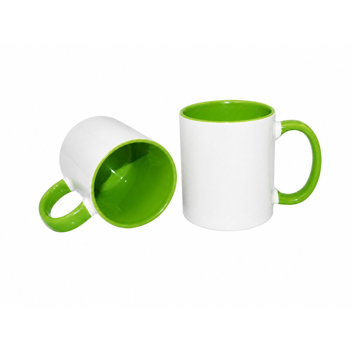 Green blank 11 oz mugs showing green interiors and handles