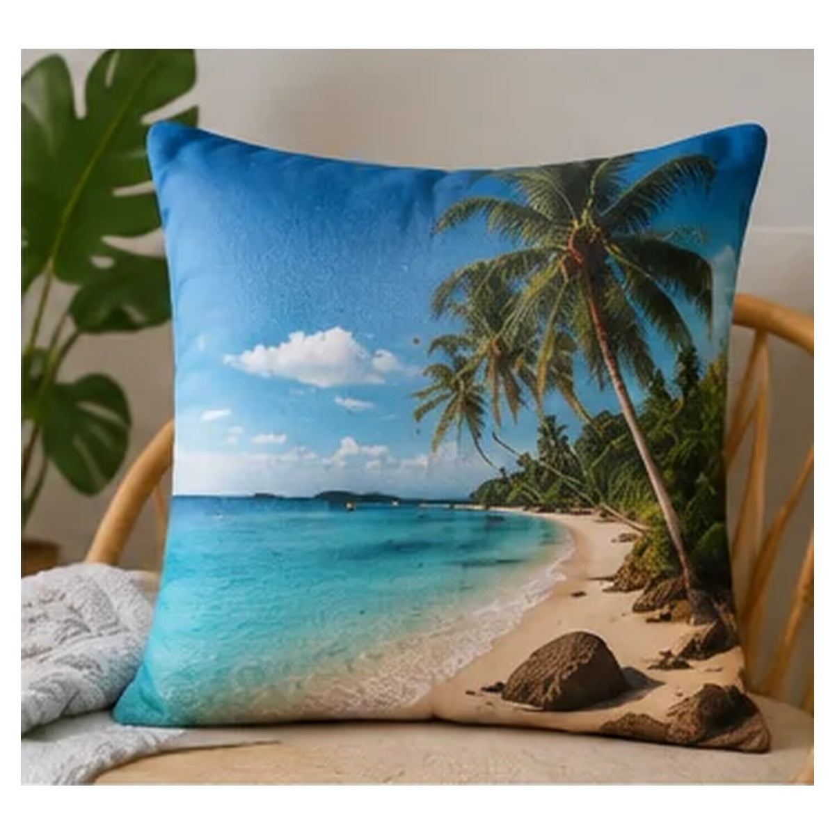 Custom plush photo pillow with tropical beach design printed on one side in a home setting