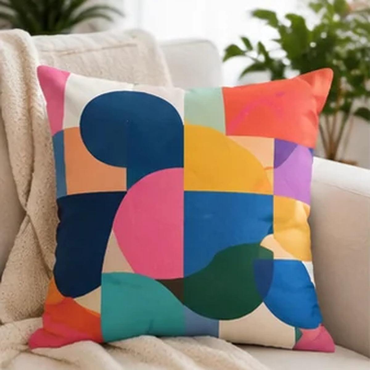 Custom pure white linen photo pillow with colourful geometric design