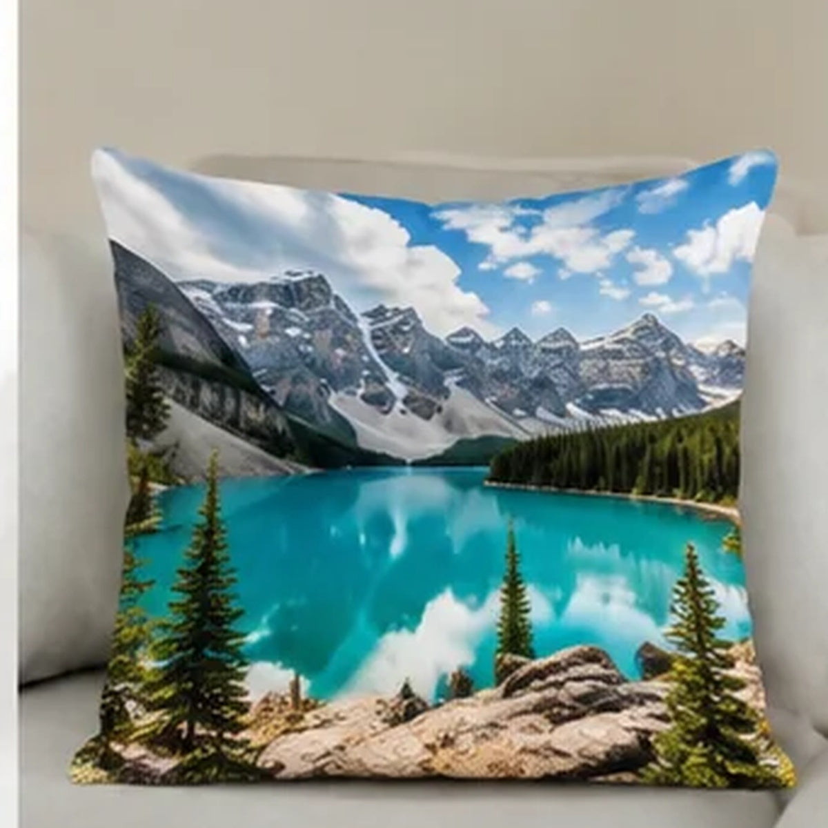 Custom pure white linen photo pillow with mountain landscape design