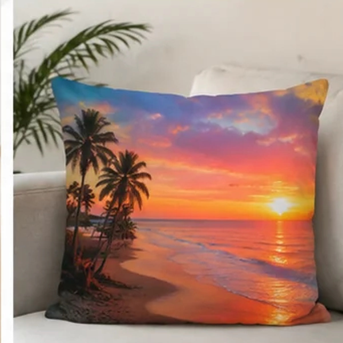 Custom pure white linen photo pillow with sunset beach design