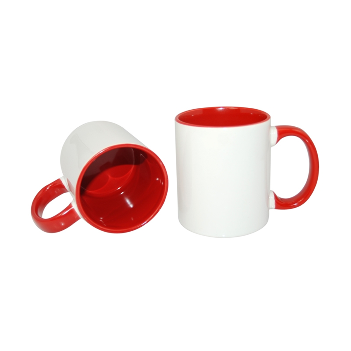 Red blank 11 oz mugs showing red interiors and handles